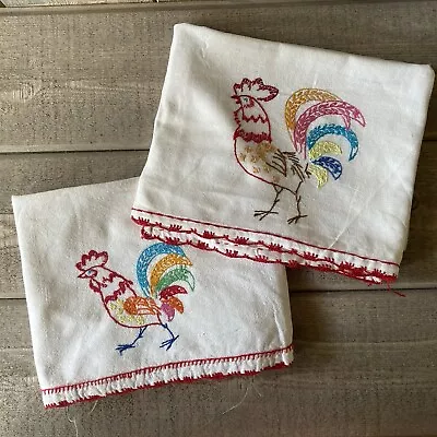 Vintage Flour Sack Hand Embroidered Chicken Rooster Tea Dish Towels Set/2 • $22