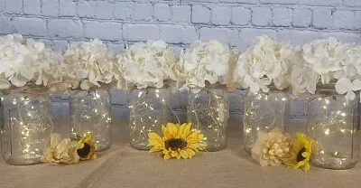 Lighted Mason Jar Centerpiece Set With Jute Bow And Floral Stems • $98