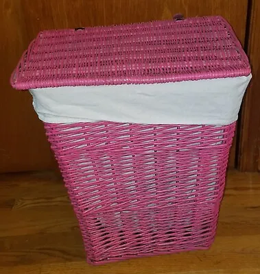 Vintage Large Hot Pink Woven Wicker Cane Laundry Basket / Hamper W/ Lid & Liner • $40