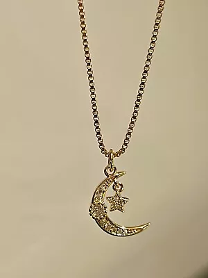 Beautiful Moon & Dangling Star Cubic Zirconia Pendant On 14 K Gold Plated Chain • $11