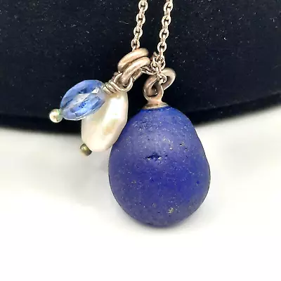 Artisan Cobalt Blue Sea Glass Necklace 16  Sterling Silver Coin Pearl • $18