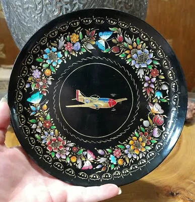 Vintage Hand-painted Wood Black Lacquer Plate. WWII P-51D Mustang Airplane • $34.99