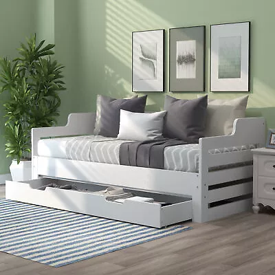 White Wooden Bed Frame Day Bed With Trundle And Large Storage Drawer Guest Bed • £314.99