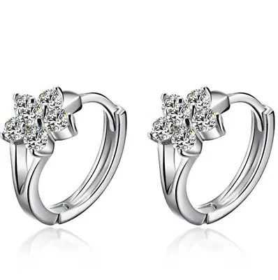 $12.96 • Buy Sterling Silver Snowflake Flower Cubic Zirconia Huggie Hoop Earrings Gift J11