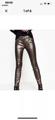 Zara Coated  Metallic Skinny Low Rise Biker Moto Multi Zip Jeans  XS Uk 8 Eu 36 • £12.99