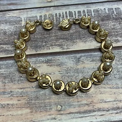 Unique Vintage Faux Pearl Crown Circle Link Tennis Bracelet In Gold Tone Metal  • $7