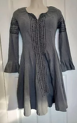 E-Shakti Size L 14 Heather Gray Embroidered Peasant  Dress Fit Flare Pockets • £24.08