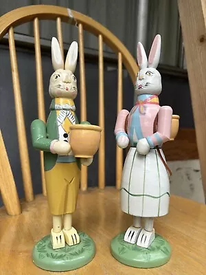 HTF Vintage German Wooden Easter Bunny Hand Painted Candle Holder • $15