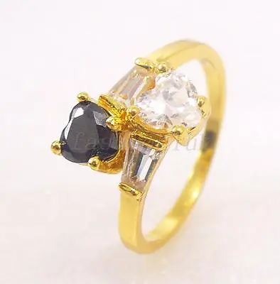 Womens 24K Yellow Gold Plated Heart Black Pink Cubic Zirconia Ring L M O UK • £10.39