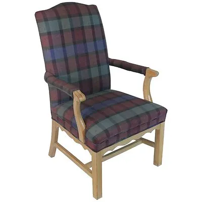 Baker Plaid Moire FabricHigh Back Arm Chair Bleached White Washed Oak  ON SALE • $895