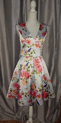 Silver Satin Bird +Floral Print 50s Inf Dress UK8 Net Underlay V Neck Sleeveless • £16