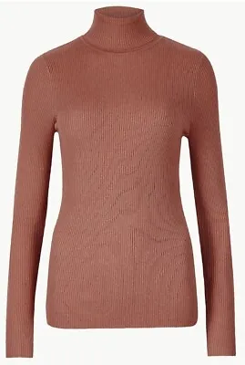 £7.99 • Buy New Ladies M&S Collection Terracotta Ribbed Fitted Jumper Long Sleeve Polo Neck