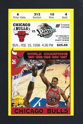 1998 NBA PISTONS @ CHICAGO BULLS TICKET STUB - MICHAEL JORDAN 21points - Feb 15 • $49