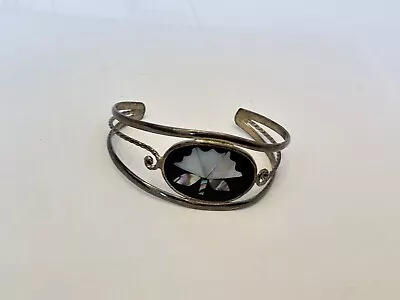 Vintage Bracelet Alpaca Mexico Silver Tone Abalone Shell Flower Small Onyx • $2.99