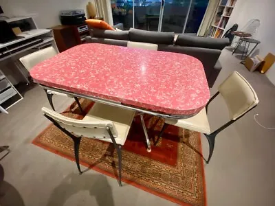 $199 • Buy Retro Red Formica Dining Table With Metal Scroll Design On Legs