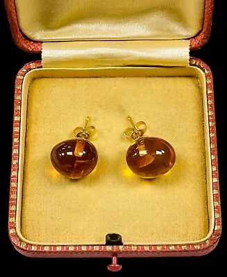 Antique Large Baltic Honey Cognac Amber Cabochon 14k Yellow Gold Stud Earrings • $124.95