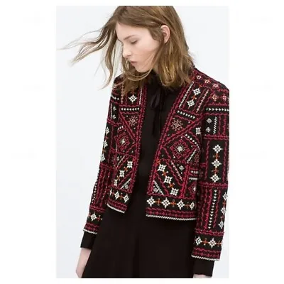 ZARA Women Ethnic Boho Embroidered Jacket Cotton Red Black Beaded Silver Size S • $104.30