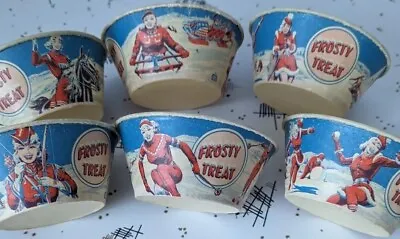 Vtg Lot Of 6 1950s FROSTY TREAT Dixie Ice Cream Wax Cups Skate Ski Snowball NOS • $22.49