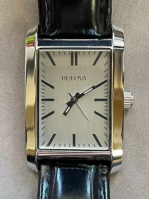 Bulova Mens Watch Square Silver Face Quartz With Black Leather Dress Band 96A156 • $22.15