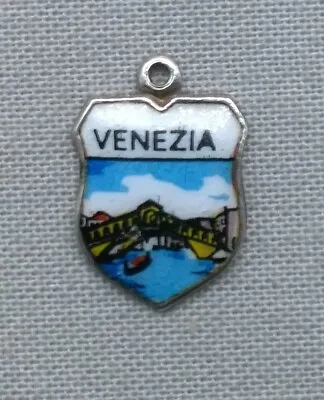 Vintage Silver Enamel Venezia Travel Shield Charm Venice Italy Rialto Bridge • $15.95