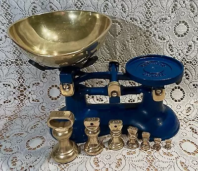 Vintage English  Victor  Kitchen Scales Blue 7 Brass Bell Weights • $239