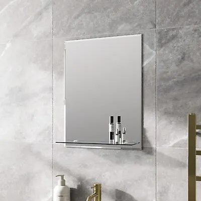 Bathroom Mirror Wall Modern Frameless Bevelled Rectangle Glass Shelf 600x450mm • £32.62