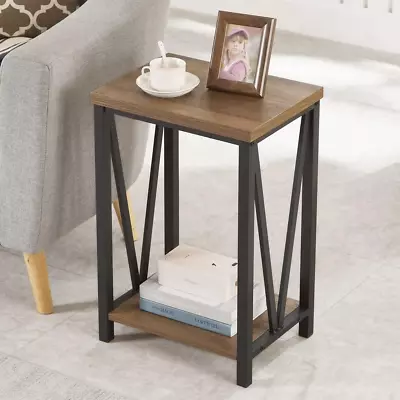 Side Table With Storage Shelf Rustic End Table For Living Room Wood And Metal  • $82.99