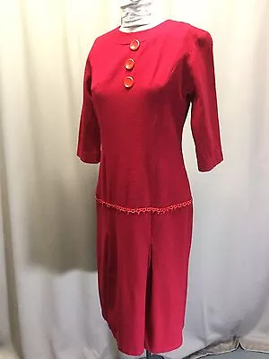 Vintage L'aiglon Red 3/4 Sleeve Wool Pleated Dress Orange Buttons Lace Accents • $22