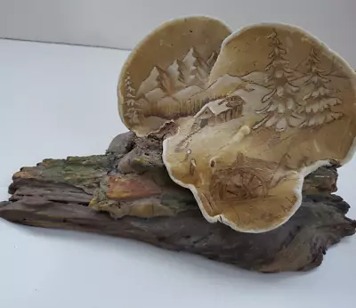 Vintage Conk Shelf Mushroom Carving Landscape Picture Art Driftwood Mount Scene • $55