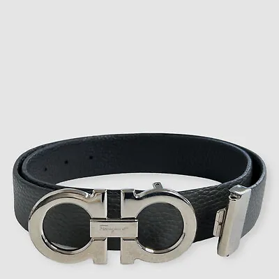 $575 Salvatore Ferragamo Men's Black Gray Reversible Pebble Leather Belt 32 • $159.98