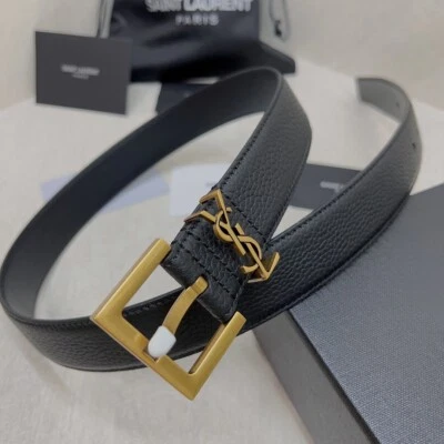 $119.99 • Buy Saint Laurent Gold YSL Logo Buckle Black Grain Leather Women Belt 3.0CM