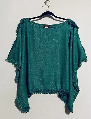 Anthropologie V By Eva Poncho Womens XS Small Fringe Silk Blend Green Boho • $44.28