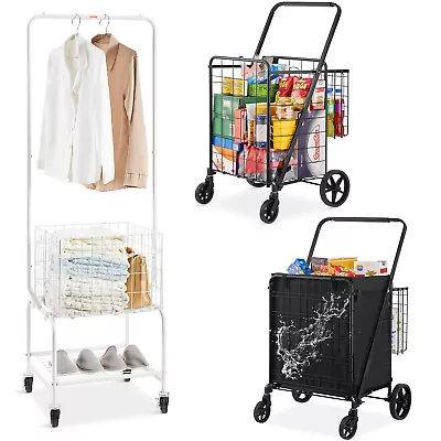 VEVOR Rolling Laundry Cart Folding Shopping Cart W/ Hanging Rack/Double Baskets • $57.99