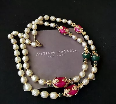 Miriam Haskell Sign Rope White Faux Pearl Pink-red/jade Glass Beads Green MontÉe • $199