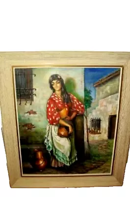 1950s MCM MEXICAN SENORITA OIL PAINTING LADY ADOBE ARCHITECTURE STUNNING DETAIL • $398.94