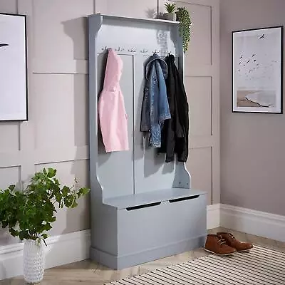 Grey Wooden Hallway Storage Bench Unit With 6 Coat Hooks Wide Bench Seconds • £54.99