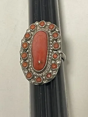 Sterling Silver & Coral 15 Stone Cluster Ring Sz 5 30mm Long Old Pawn AZ Estate • $58.97