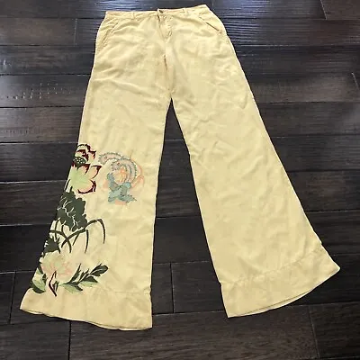 DA NANG Pants Womens S Embroidered Flare Bottom Floral Silky Yellow READ • $65