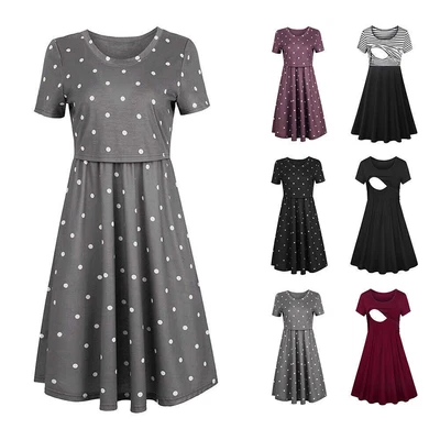 £3.69 • Buy Pregnant Women Polka Dot Dress Nursing Maternity Casual Breastfeeding Nightdress