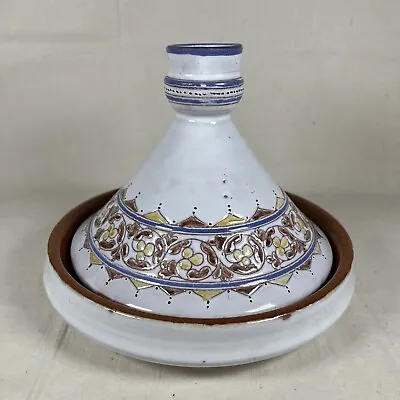 Moroccan Style Cooking Tagine White Brown & Yellow Ceramic Glazed Small 7.5”x6” • $29.95