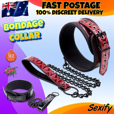 Bondage Collar Choker Leash Metal Chain Restraint Couple BDSM PU Leather Sex Toy • $24.95