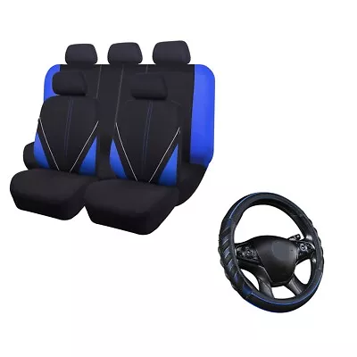 Car Seat Covers Universal Protectors Blue Black Steering Wheel Cover PU Leather • $41.99