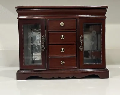 Jewelry Box Cherry Wood W/Etched Rose Armoire-Style Doors & Interior Mirrors • $35