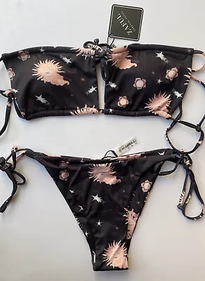 Zaful Black Ribbed Sun & Stars Print Tie Up Top & Bottoms Swimwear Set BNWT - 10 • £14