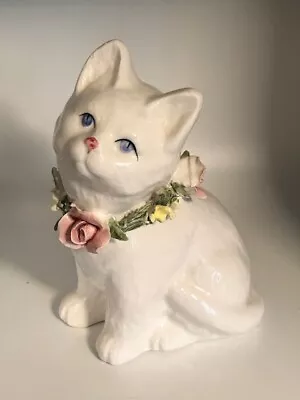 Vintage Seymour Mann White Cat Figurine W/ Floral Necklace 6 1/2  TALL • $19