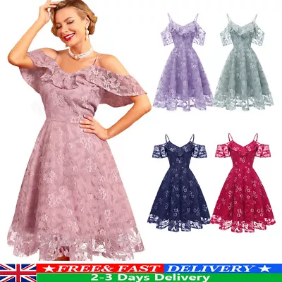 UK Women 50s 60s Vintage Lace Swing Dress Rockabilly Evening Hepburn Dress Party • £23.64