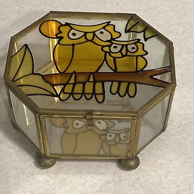 Vintage Glass Brass Trinket Box Faux Stained Glass Owls Footed • $20