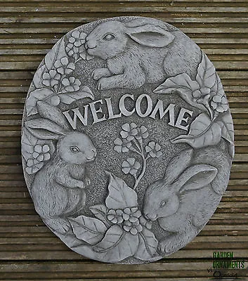 Welcome Sign Wall Plaque Bunny Rabbit Hand Cast Stone Garden Ornament Gift Patio • £39.90