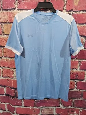 Under Armour Mens Shirt Large Blue Pitch V-Neck Training Short Sleeve Fitted • $15.95