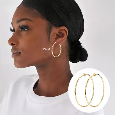 Timeless Gold Hoop Earrings Fake Clip On Ear Ring 30MM Stainless Surgical Steel • £3.65